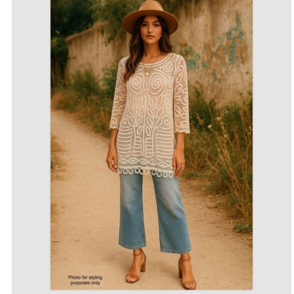 Cream Lace Overlay Dress Lined Boho Chic Size S Crochet Look Looped Hem - Picture 1 of 8